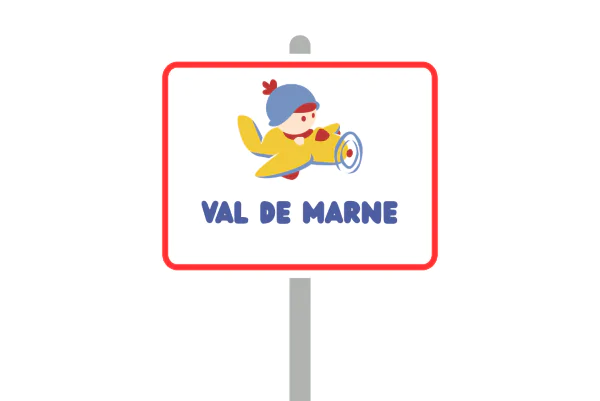 Carte Val de Marne avec liste des crèches du département 94, panneau de ville version Bébés Explorateurs