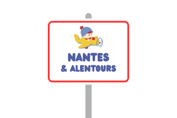 Panneau de ville avec indication Nantes et ses alentours et au centre un bonhomme des Bébés Explorateurs
