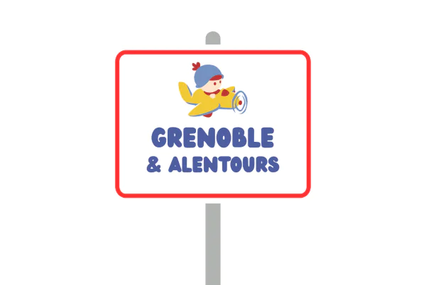 Panneau de ville avec indication Grenoble et ses alentours en Isère et au centre un bonhomme des Bébés Explorateurs